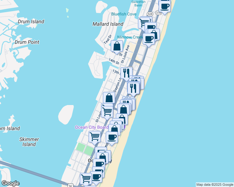 map of restaurants, bars, coffee shops, grocery stores, and more near 1001 Philadelphia Avenue in Ocean City
