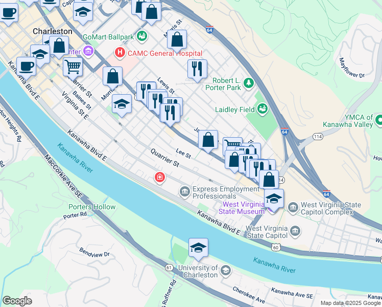 map of restaurants, bars, coffee shops, grocery stores, and more near 1545 Lee Street East in Charleston