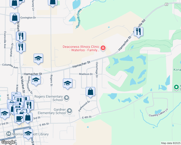 map of restaurants, bars, coffee shops, grocery stores, and more near 120 Madison Drive in Waterloo
