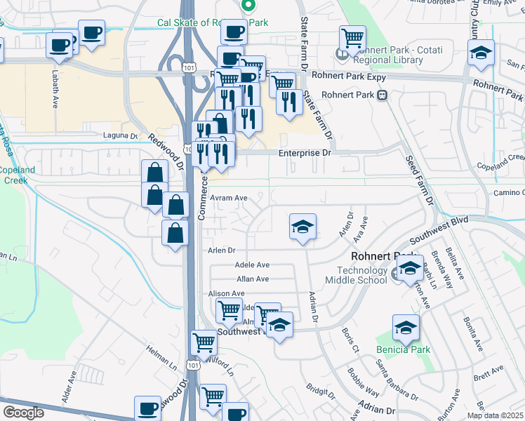 map of restaurants, bars, coffee shops, grocery stores, and more near Santa Alicia Drive & Avram Avenue in Rohnert Park