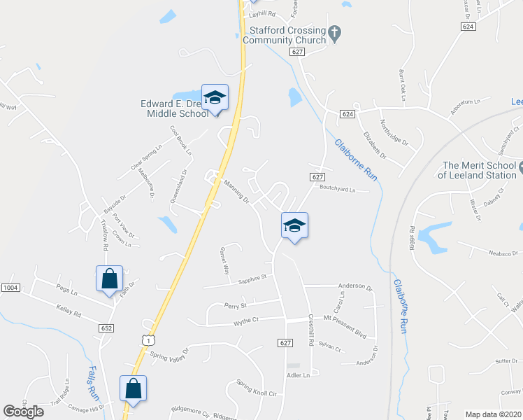 map of restaurants, bars, coffee shops, grocery stores, and more near 1016 Manning Drive in Fredericksburg