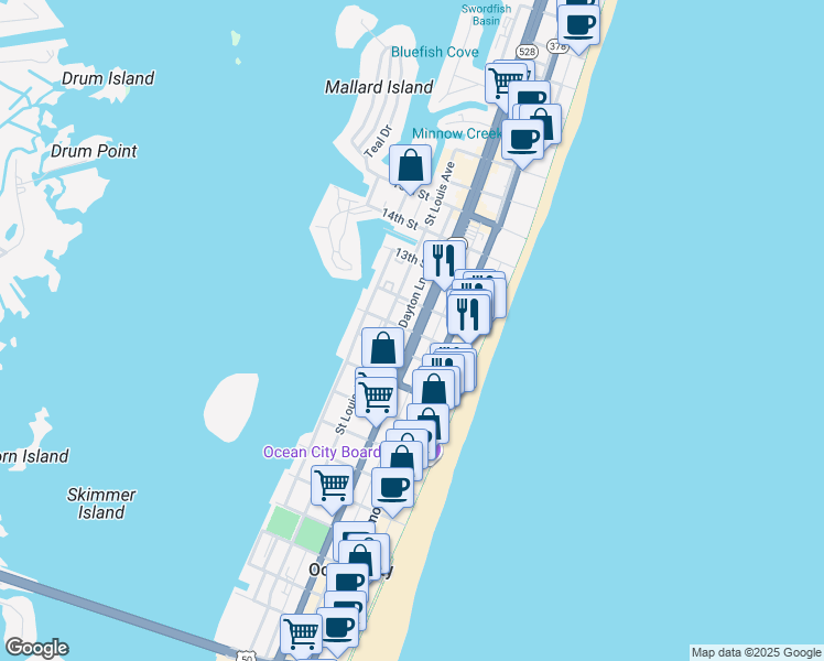 map of restaurants, bars, coffee shops, grocery stores, and more near 1101 Philadelphia Avenue in Ocean City
