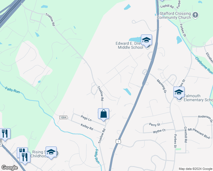map of restaurants, bars, coffee shops, grocery stores, and more near 20 Bayside Drive in Fredericksburg