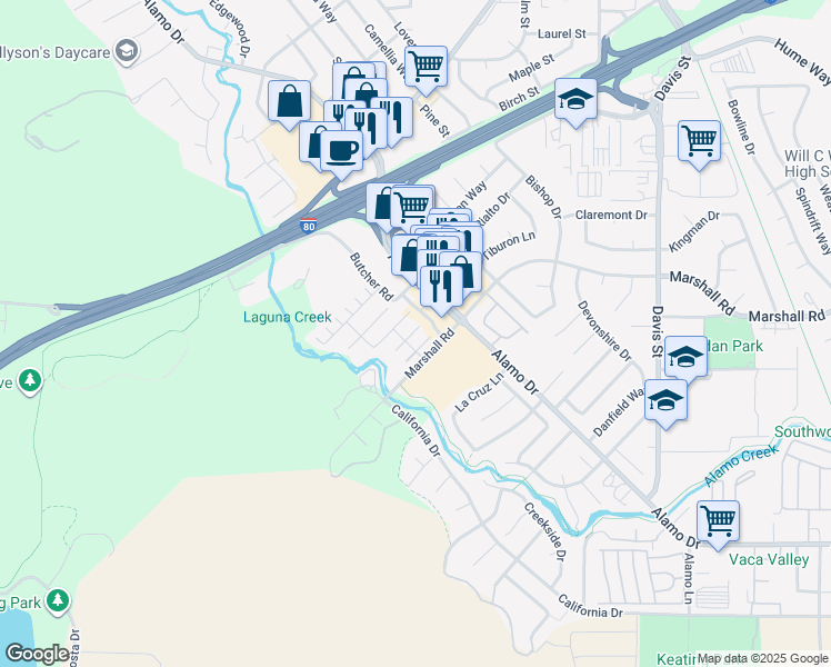map of restaurants, bars, coffee shops, grocery stores, and more near 1170 Tocia Avenue in Vacaville