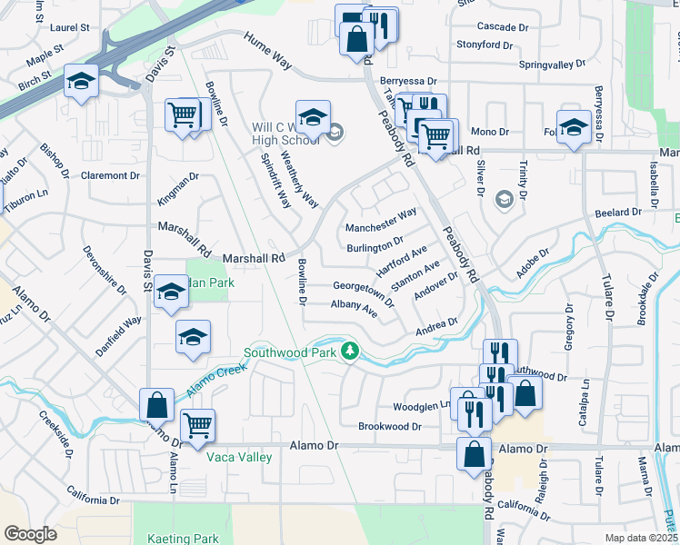 map of restaurants, bars, coffee shops, grocery stores, and more near 191 Georgetown Drive in Vacaville