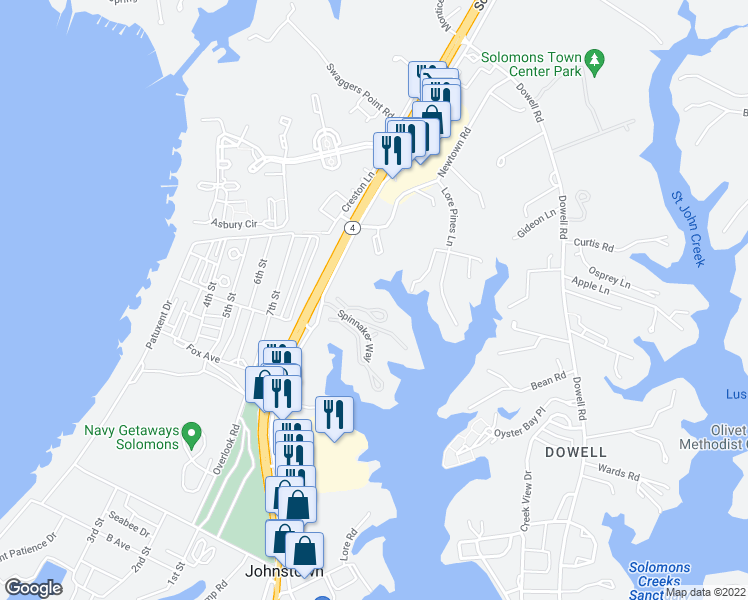 map of restaurants, bars, coffee shops, grocery stores, and more near 1204 Back Creek Loop in Solomons
