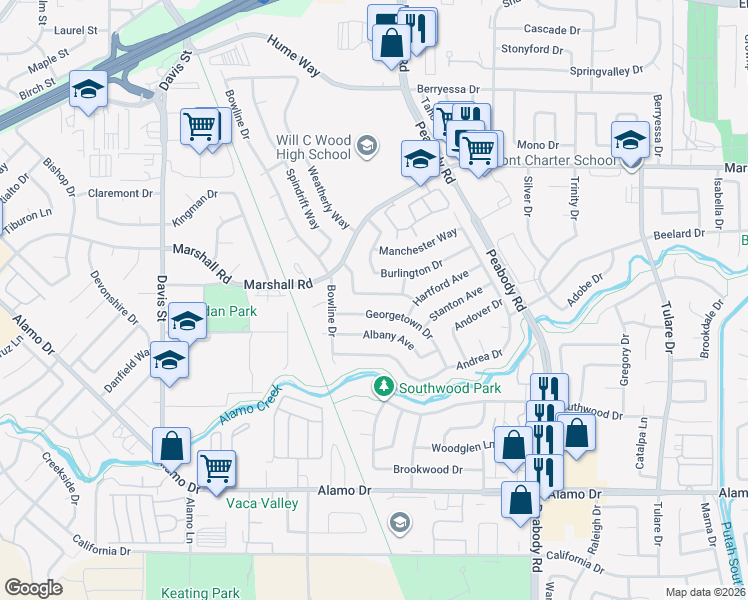 map of restaurants, bars, coffee shops, grocery stores, and more near 191 Georgetown Drive in Vacaville
