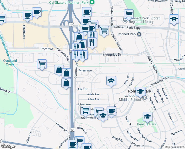 map of restaurants, bars, coffee shops, grocery stores, and more near 187 Santa Alicia Drive in Rohnert Park