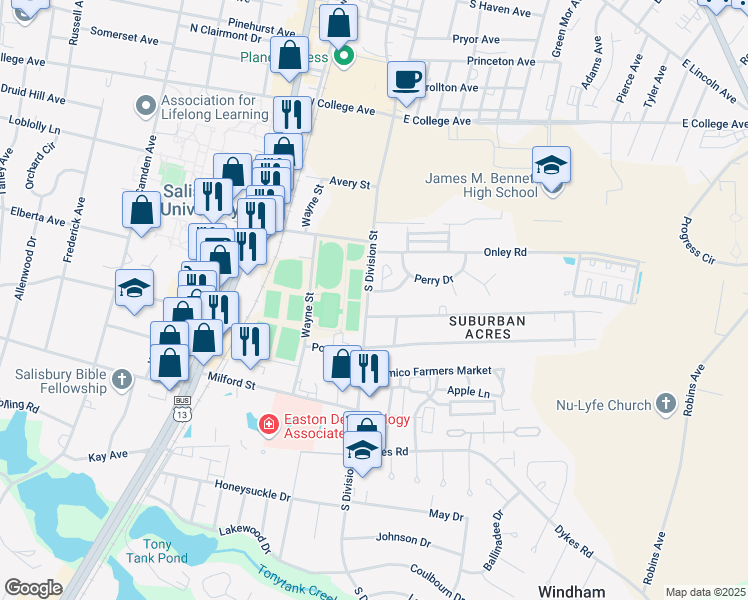 map of restaurants, bars, coffee shops, grocery stores, and more near 12 Hall Drive in Salisbury