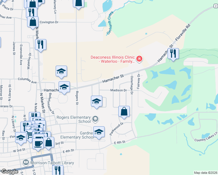 map of restaurants, bars, coffee shops, grocery stores, and more near 109 Jefferson Drive in Waterloo