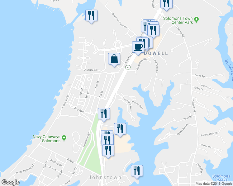 map of restaurants, bars, coffee shops, grocery stores, and more near 13750 H G Trueman Road in Solomons