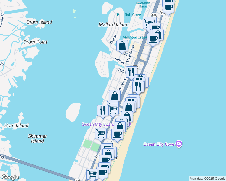 map of restaurants, bars, coffee shops, grocery stores, and more near 305 11th Street in Ocean City