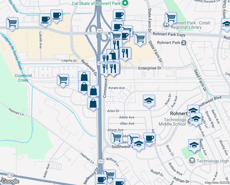 map of restaurants, bars, coffee shops, grocery stores, and more near 154 Santa Alicia Drive in Rohnert Park