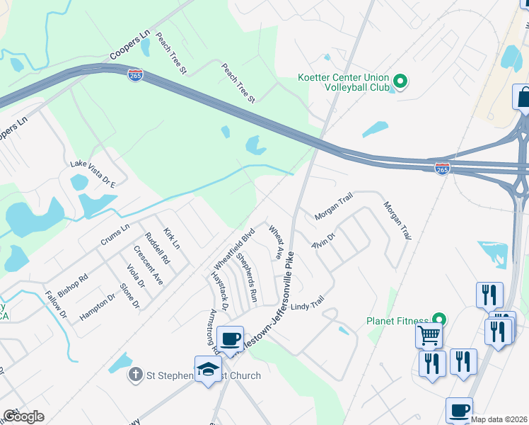 map of restaurants, bars, coffee shops, grocery stores, and more near 3161 Wheatfield Boulevard in Jeffersonville