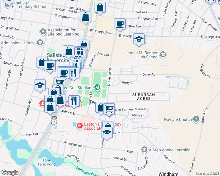map of restaurants, bars, coffee shops, grocery stores, and more near 102 Halsey Drive in Salisbury