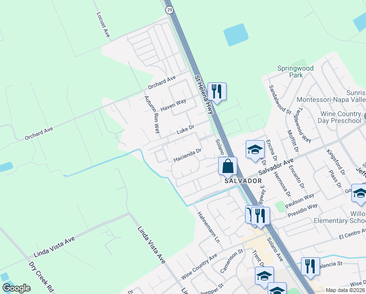 map of restaurants, bars, coffee shops, grocery stores, and more near 47 Hacienda Drive in Napa