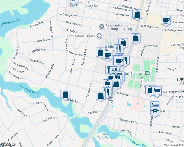 map of restaurants, bars, coffee shops, grocery stores, and more near 1402 Camden Avenue in Salisbury