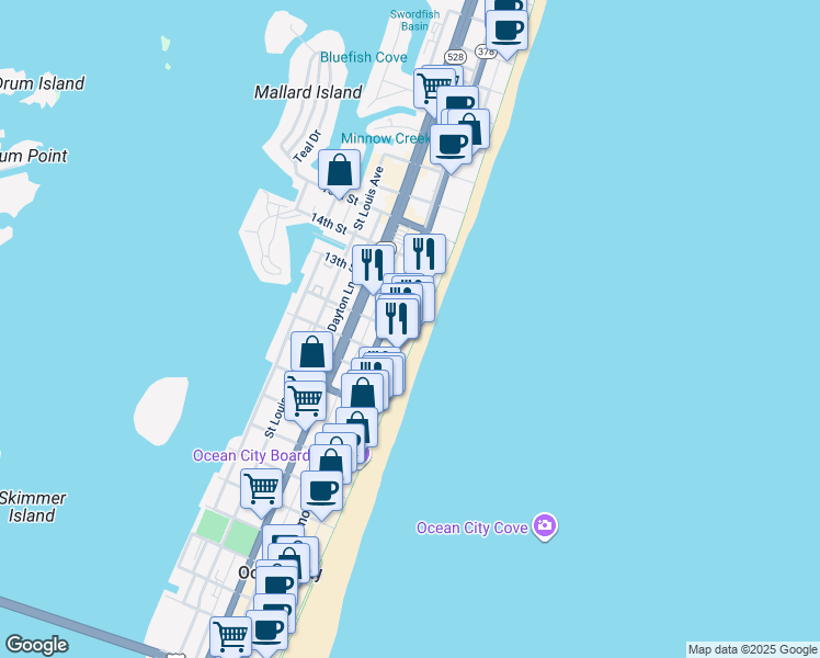 map of restaurants, bars, coffee shops, grocery stores, and more near 14 12th Street in Ocean City