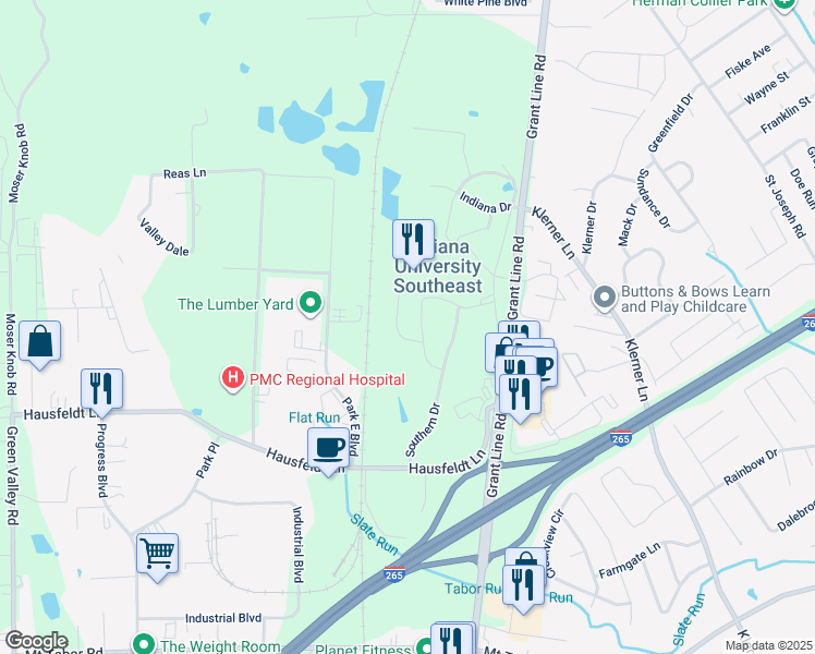 map of restaurants, bars, coffee shops, grocery stores, and more near 4201 Grant Line Road in New Albany
