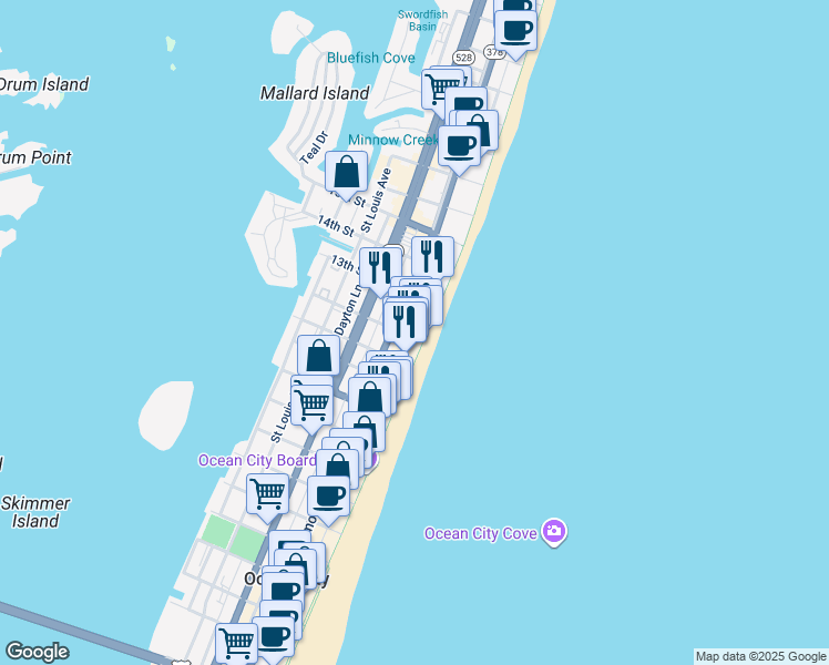 map of restaurants, bars, coffee shops, grocery stores, and more near 14 12th Street in Ocean City