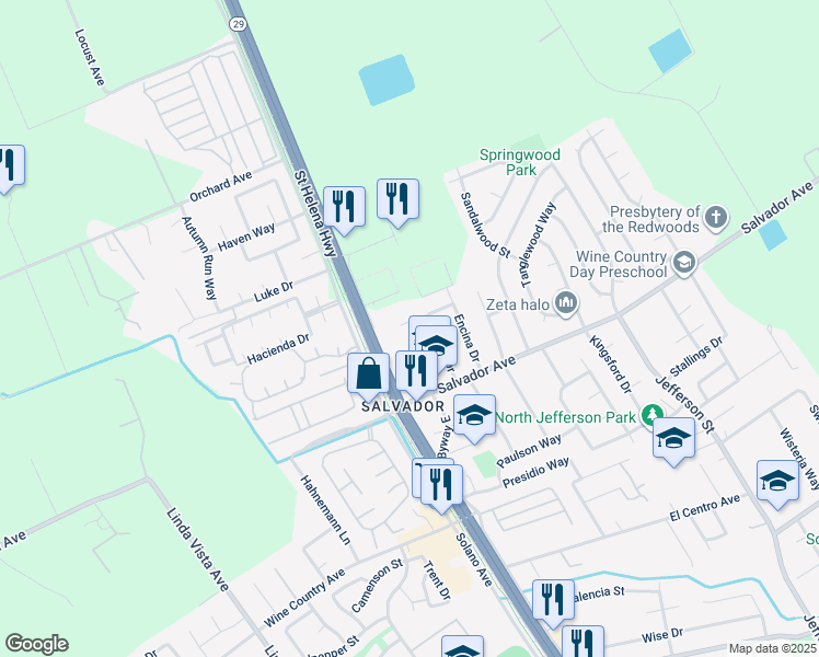 map of restaurants, bars, coffee shops, grocery stores, and more near 1025 Bella Drive in Napa