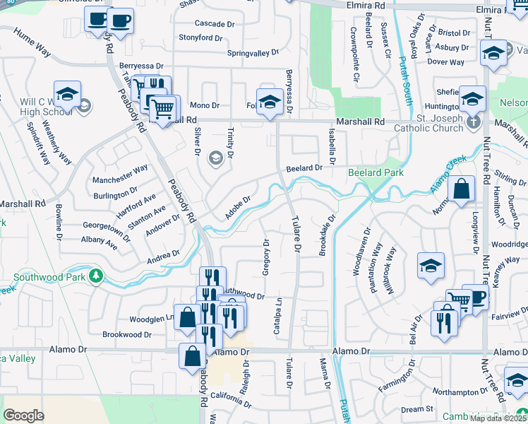 map of restaurants, bars, coffee shops, grocery stores, and more near 336 Brookdale Drive in Vacaville