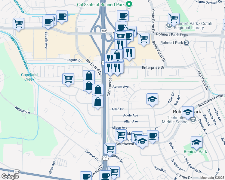map of restaurants, bars, coffee shops, grocery stores, and more near 6920 Commerce Boulevard in Rohnert Park