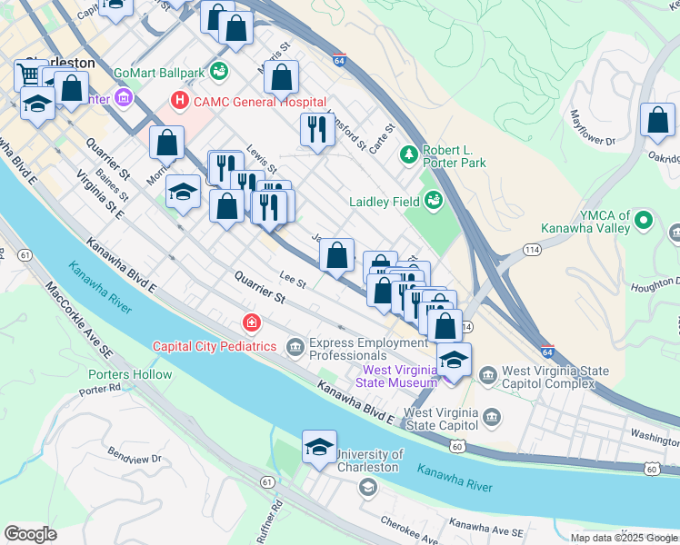 map of restaurants, bars, coffee shops, grocery stores, and more near 1555 1/2 워싱턴 스트리트 이스트 in Charleston