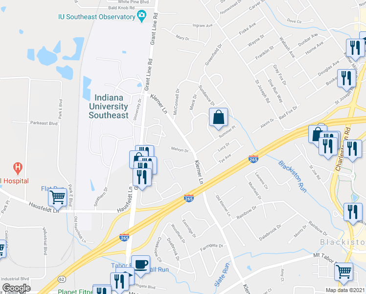 map of restaurants, bars, coffee shops, grocery stores, and more near 4006 Melvyn Drive in New Albany