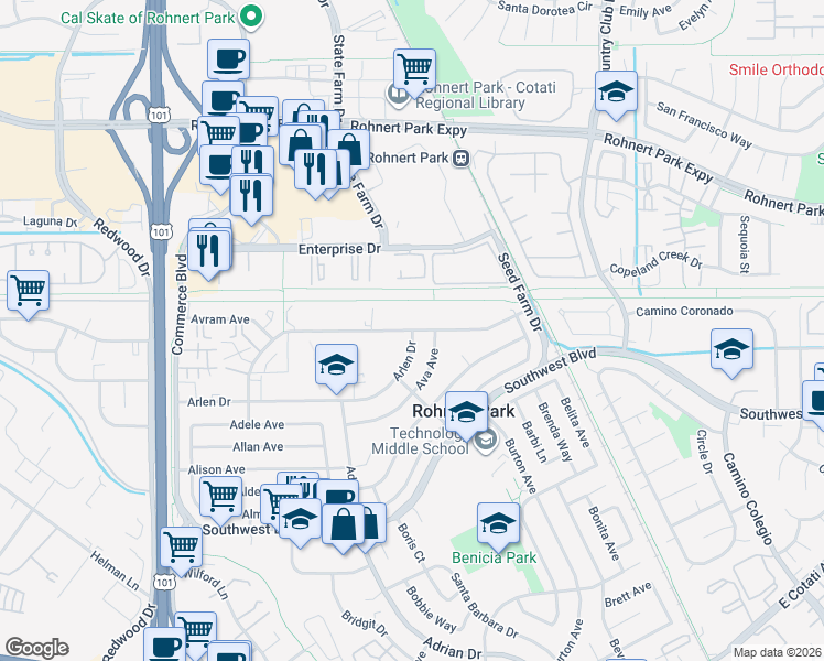 map of restaurants, bars, coffee shops, grocery stores, and more near Santa Alicia Drive & Arlen Drive in Rohnert Park