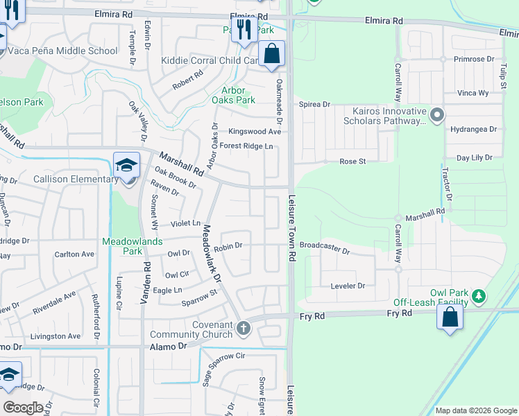 map of restaurants, bars, coffee shops, grocery stores, and more near 196 Songbird Court in Vacaville