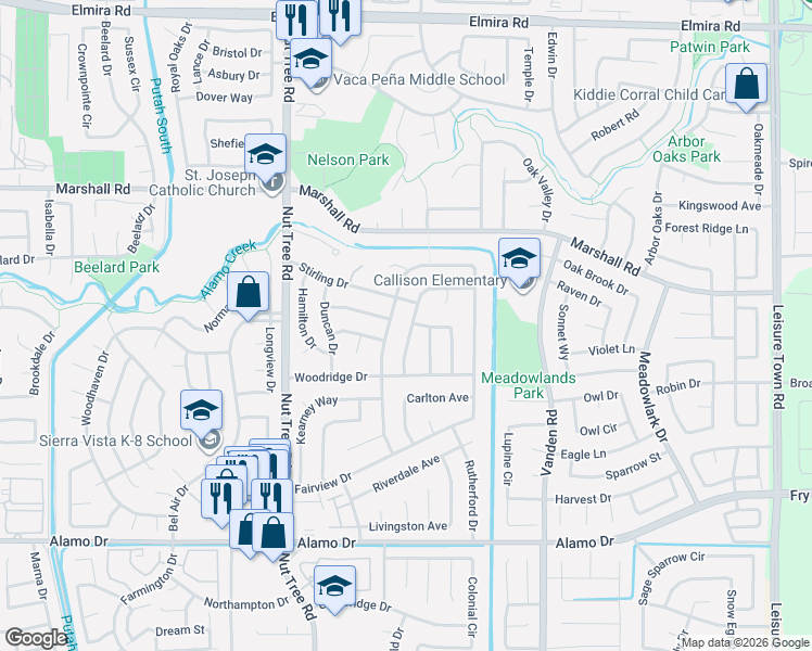 map of restaurants, bars, coffee shops, grocery stores, and more near 626 Saint Andrews Drive in Vacaville