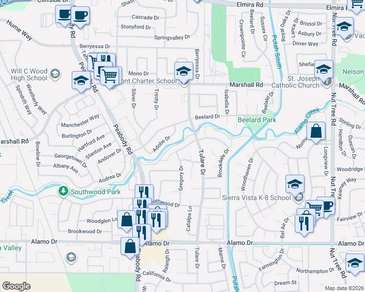 map of restaurants, bars, coffee shops, grocery stores, and more near 578 Gregory Drive in Vacaville