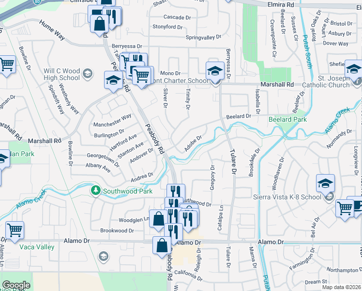 map of restaurants, bars, coffee shops, grocery stores, and more near 308 Adobe Drive in Vacaville