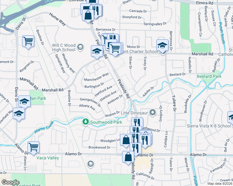 map of restaurants, bars, coffee shops, grocery stores, and more near 179 Andover Drive in Vacaville