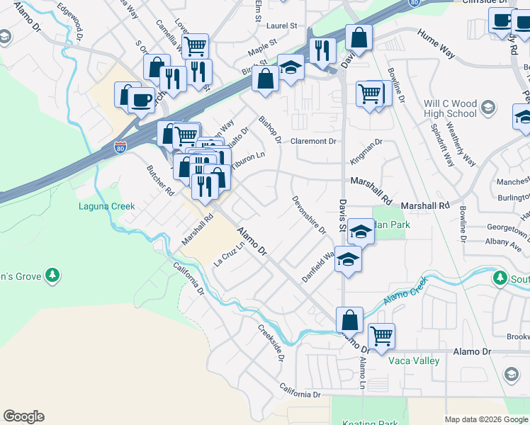 map of restaurants, bars, coffee shops, grocery stores, and more near 648 Houston Court in Vacaville