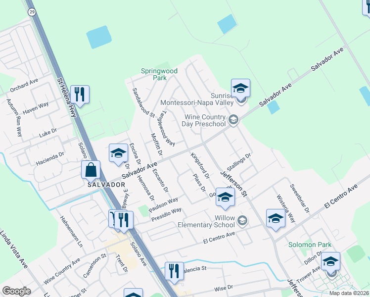map of restaurants, bars, coffee shops, grocery stores, and more near 1527 Salvador Avenue in Napa