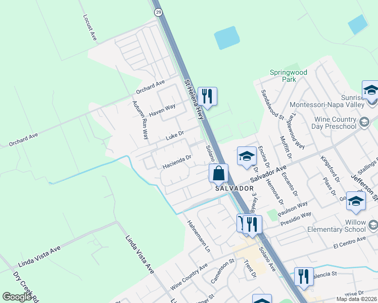 map of restaurants, bars, coffee shops, grocery stores, and more near 18 Hacienda Drive in Napa