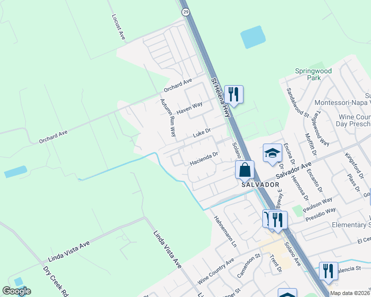 map of restaurants, bars, coffee shops, grocery stores, and more near 113 Hacienda Drive in Napa