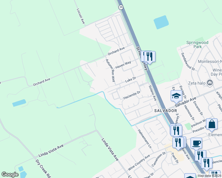 map of restaurants, bars, coffee shops, grocery stores, and more near 20A Cabana Drive in Napa