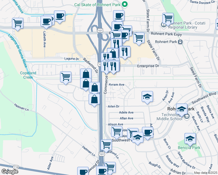 map of restaurants, bars, coffee shops, grocery stores, and more near 6920 Commerce Boulevard in Rohnert Park