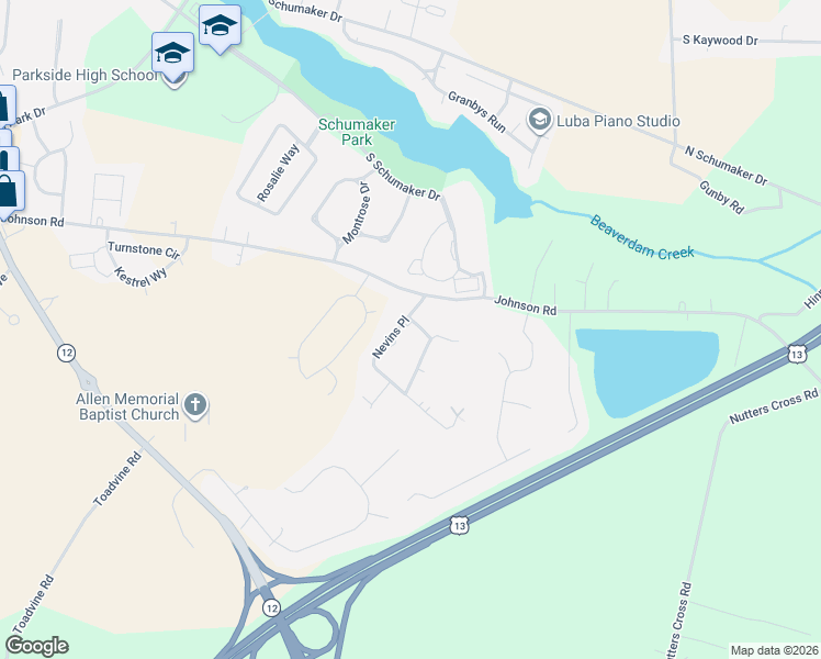 map of restaurants, bars, coffee shops, grocery stores, and more near 1102 McBryde Square in Salisbury