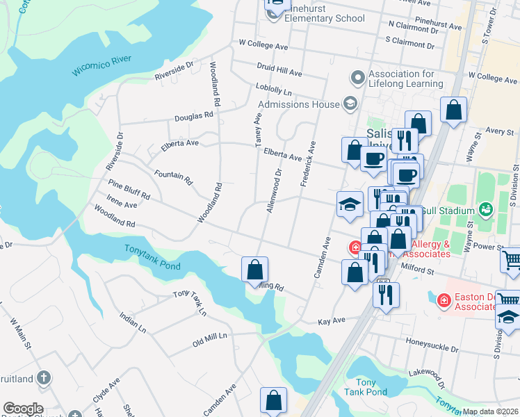 map of restaurants, bars, coffee shops, grocery stores, and more near 510 Dogwood Drive in Salisbury