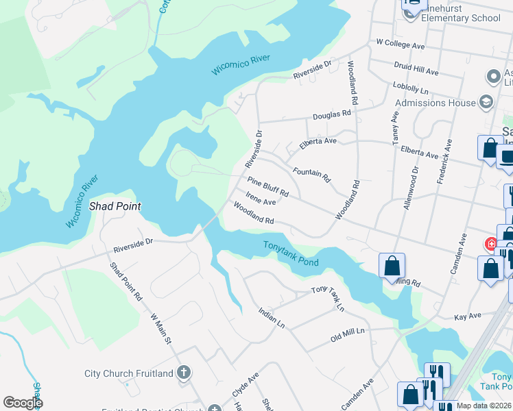 map of restaurants, bars, coffee shops, grocery stores, and more near 1530 Woodland Road in Salisbury