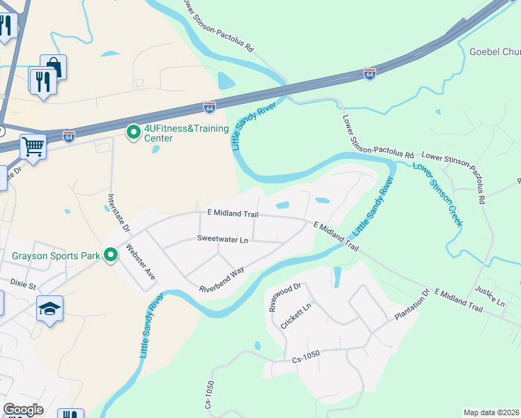 map of restaurants, bars, coffee shops, grocery stores, and more near Blackberry Lane in Grayson