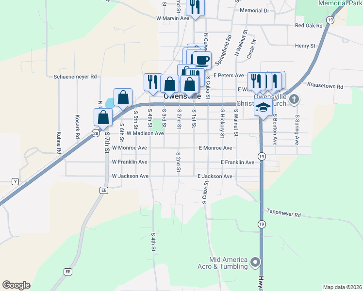 map of restaurants, bars, coffee shops, grocery stores, and more near 201 West Monroe Avenue in Owensville