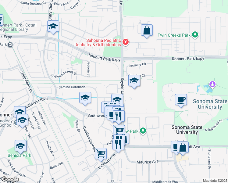 map of restaurants, bars, coffee shops, grocery stores, and more near 5425 Snyder Lane in Rohnert Park