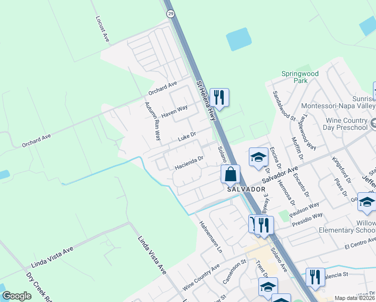 map of restaurants, bars, coffee shops, grocery stores, and more near 47 Hacienda Drive in Napa