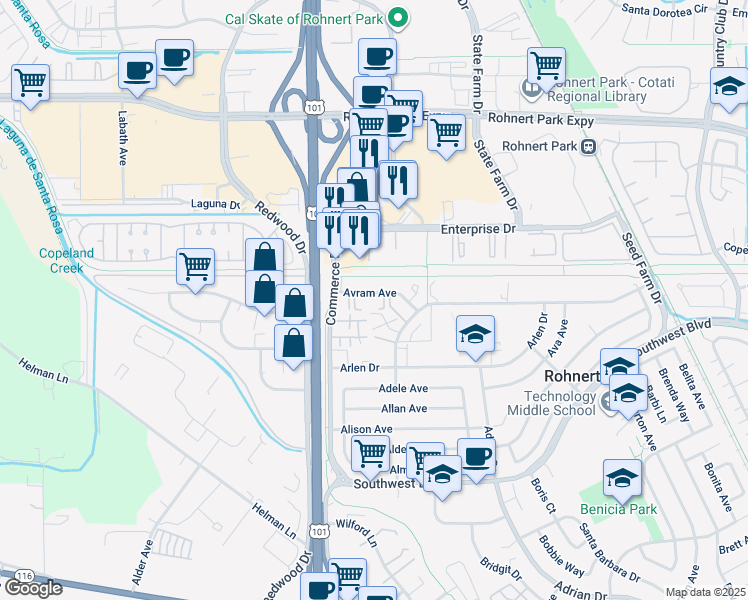 map of restaurants, bars, coffee shops, grocery stores, and more near 154 Santa Alicia Drive in Rohnert Park