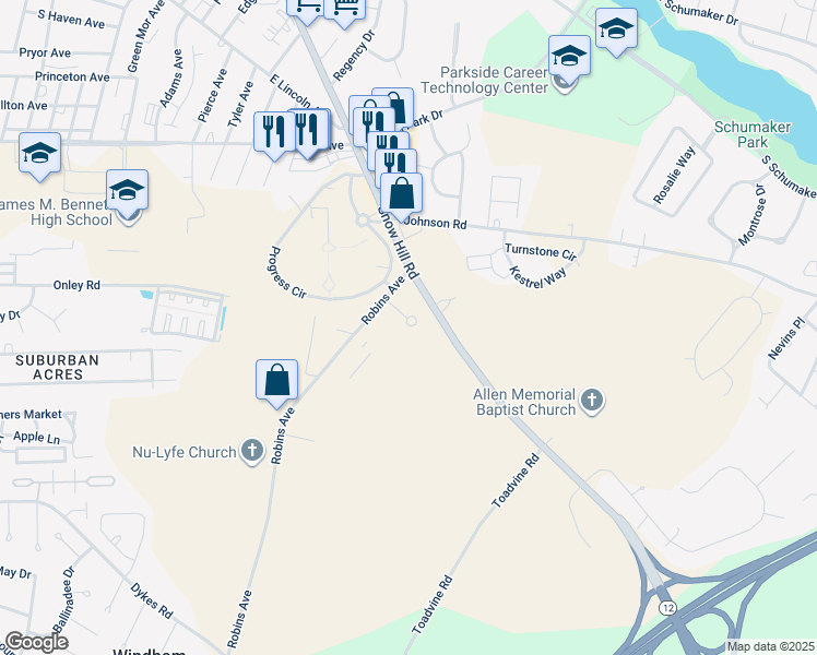 map of restaurants, bars, coffee shops, grocery stores, and more near 1016 Marley Manor Drive in Salisbury
